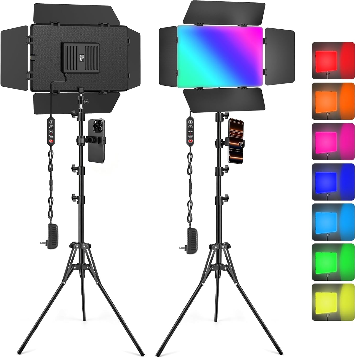 2 Pack RGB LED Video Light with Barndoor, 2500K-8500K CRI 98+ Dimmable Bi-Color LED Studio Light Panel, 12 Effects Photography Lighting Kit for Video Recording Shooting Live Streaming Podcast