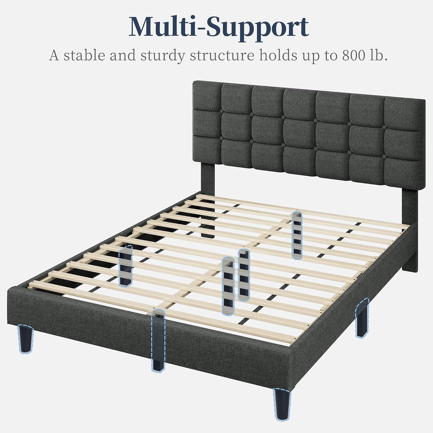 Yaheetech Upholstered Bed Frame, Modern Queen Bed Platform with Square Stitched&Button Tufting Headboard Height Adjustable, Wooden Slats Support, No Box Spring Needed, Queen Size, Dark Grey