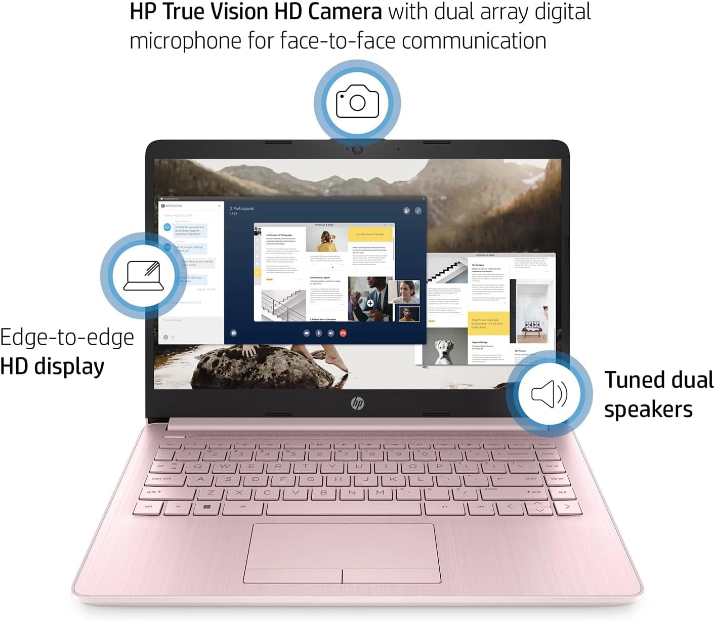 HP Essential Laptop, 14" HD Display, Intel Celeron N150, 8GB RAM, 128GB eMMC, Webcam, HDMI, Wi-Fi, RJ-45, 1 Year Office 365, Windows 11 Home, Pink