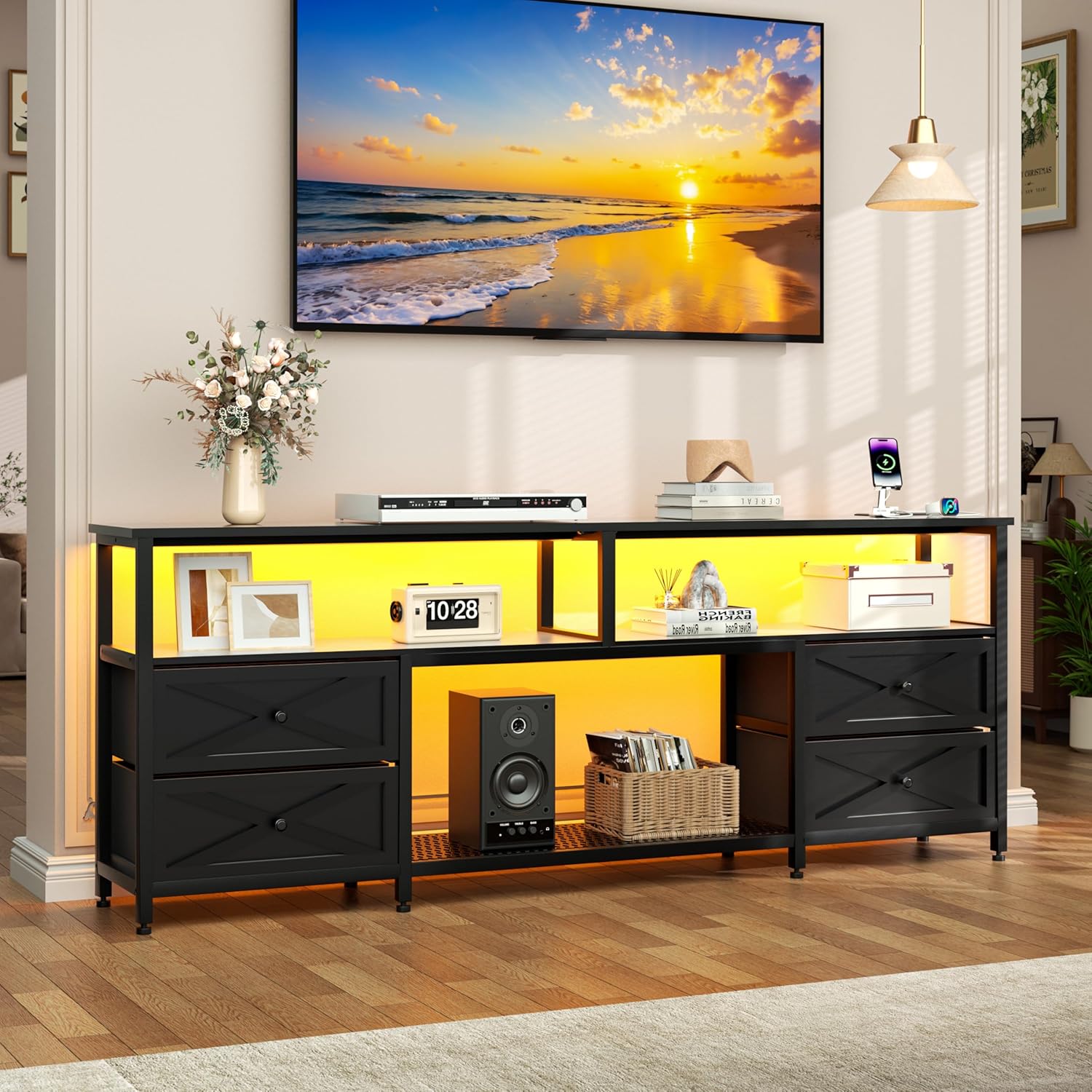 JUSTOGO TV Stand with Fabric Drawers for 65 70 75 Inches TV - Entertainment Center with Open Storage Shelf, Power Outlets & LED Lights for Living Room, Bedroom, 63" TV Console Media Console, Black