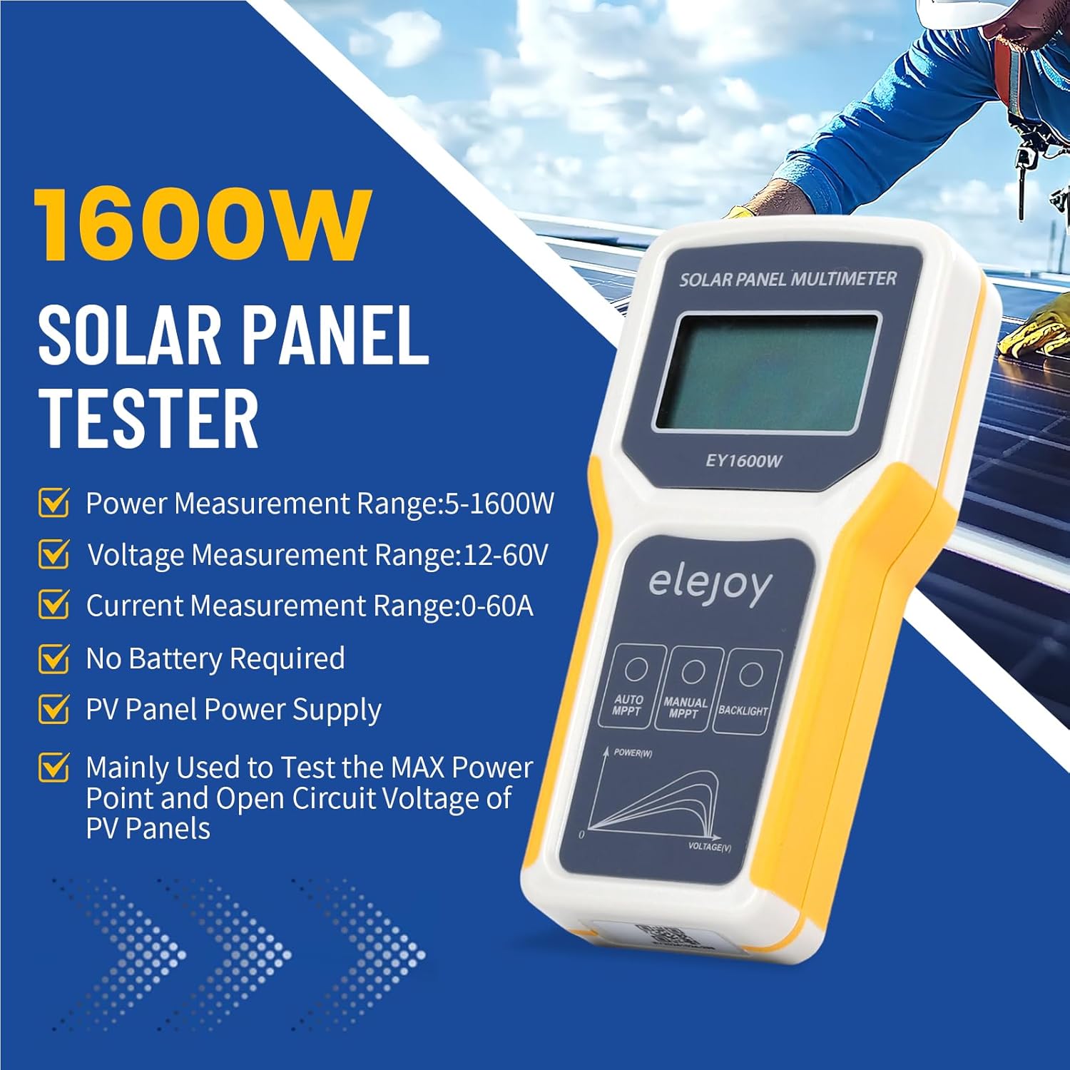 1600W Solar Panel Tester MPPT Photovoltaic Multimeter & Watt Meter Smart Portable Tool for Solar PV Panel Data & Troubleshoot Measures Power Output, Performance, and Open Circuit Voltage