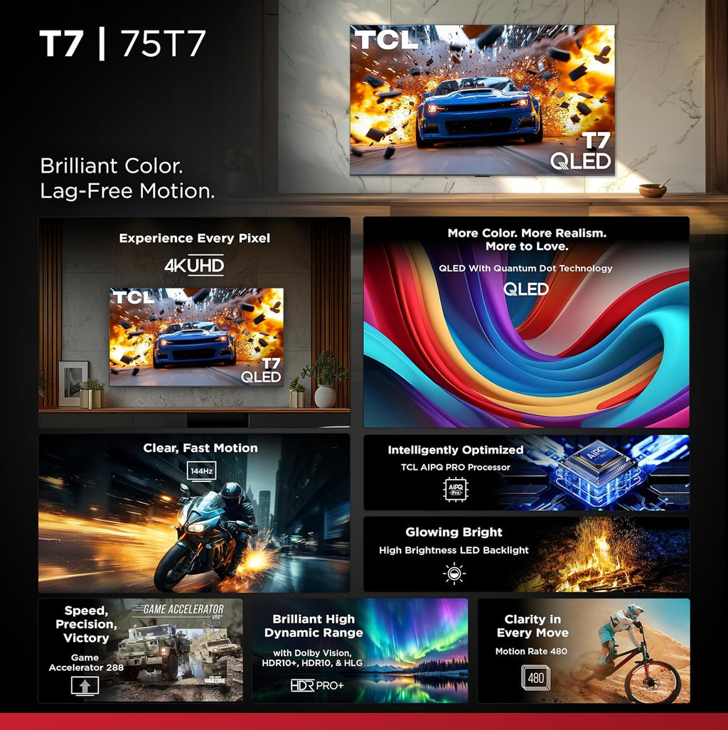 TCL Amazon Exclusive 75 Inch Class T7 Series | 4K QLED HDR Lag-Free Smart Google TV | 75T7, 2025 Model | 120Hz-144Hz High Brightness, Dolby Atmos, Alexa Voice Remote AI Streaming Gaming Television
