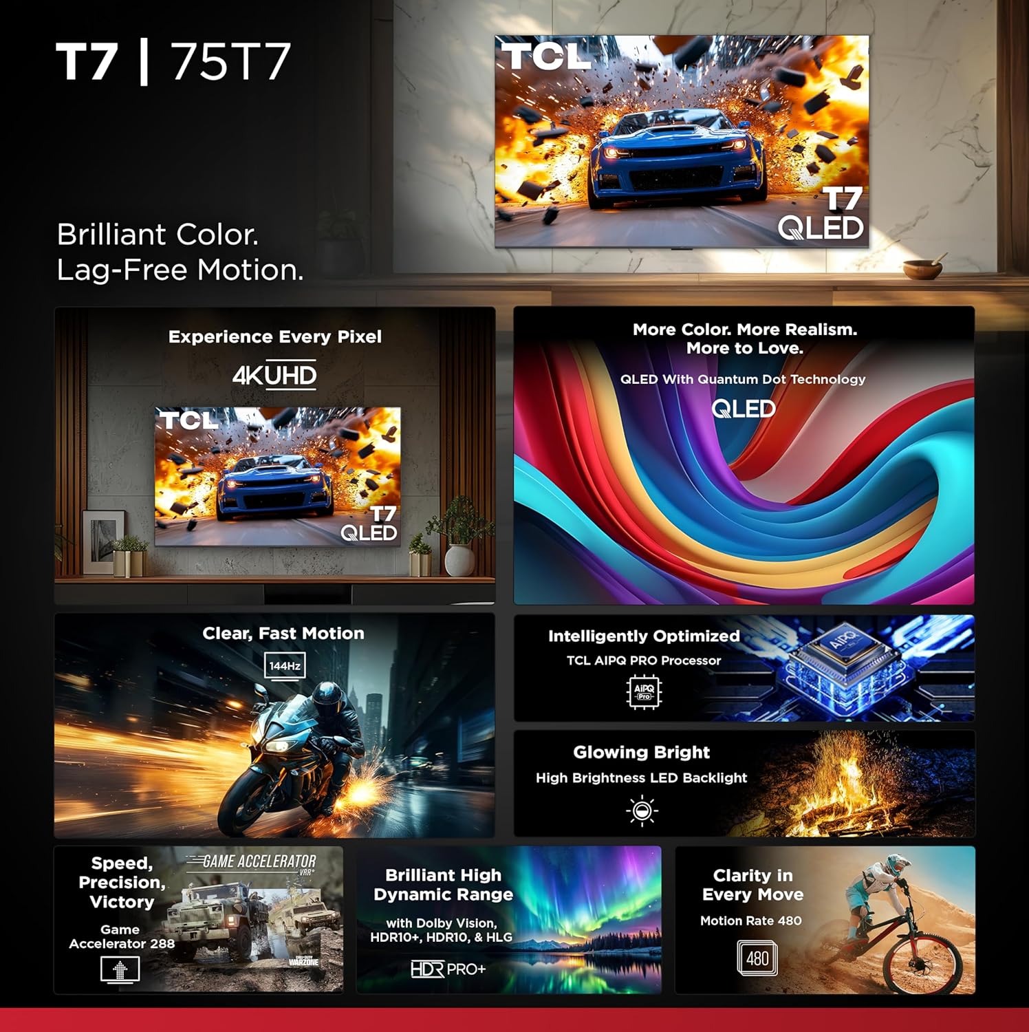 TCL Amazon Exclusive 75 Inch Class T7 Series | 4K QLED HDR Lag-Free Smart Google TV | 75T7, 2025 Model | 120Hz-144Hz High Brightness, Dolby Atmos, Alexa Voice Remote AI Streaming Gaming Television