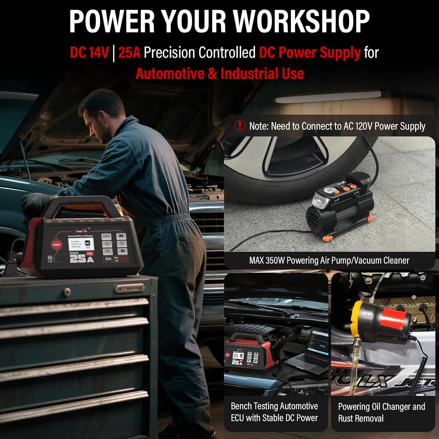 TowerTop 25A Max Pro Battery Charger: 12V Fully Automatic Smart Trickle Charger, Automotive Battery Maintainer with Engine Start, DC Supply, Winter Mode, Recondition,Desulfation, for Lead Acid/Lithium