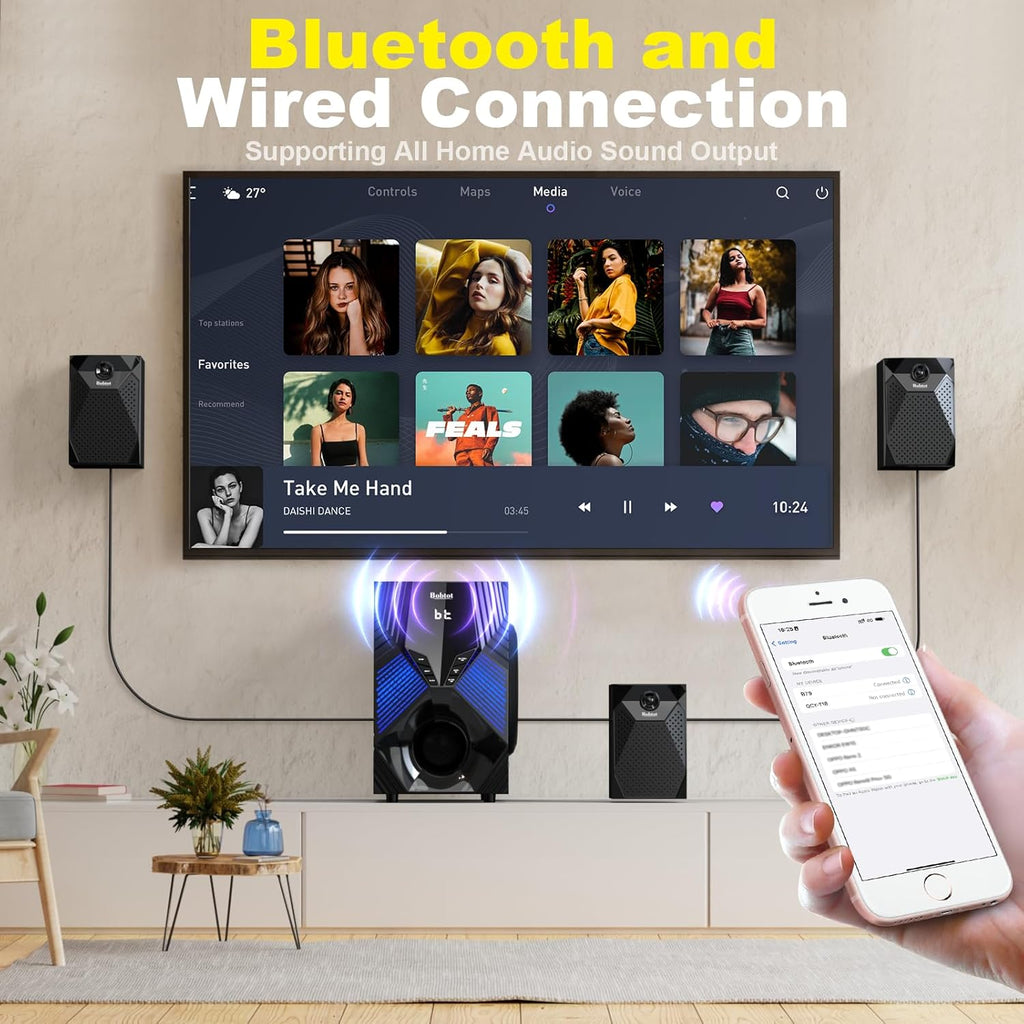 1000W Surround System 5 Wired Satellite Audio Speakers 8 inch Subwoofer 5.1/2.1 Channel Home Theater Deep Bass Support ARC Optical Bluetooth Karaoke Input
