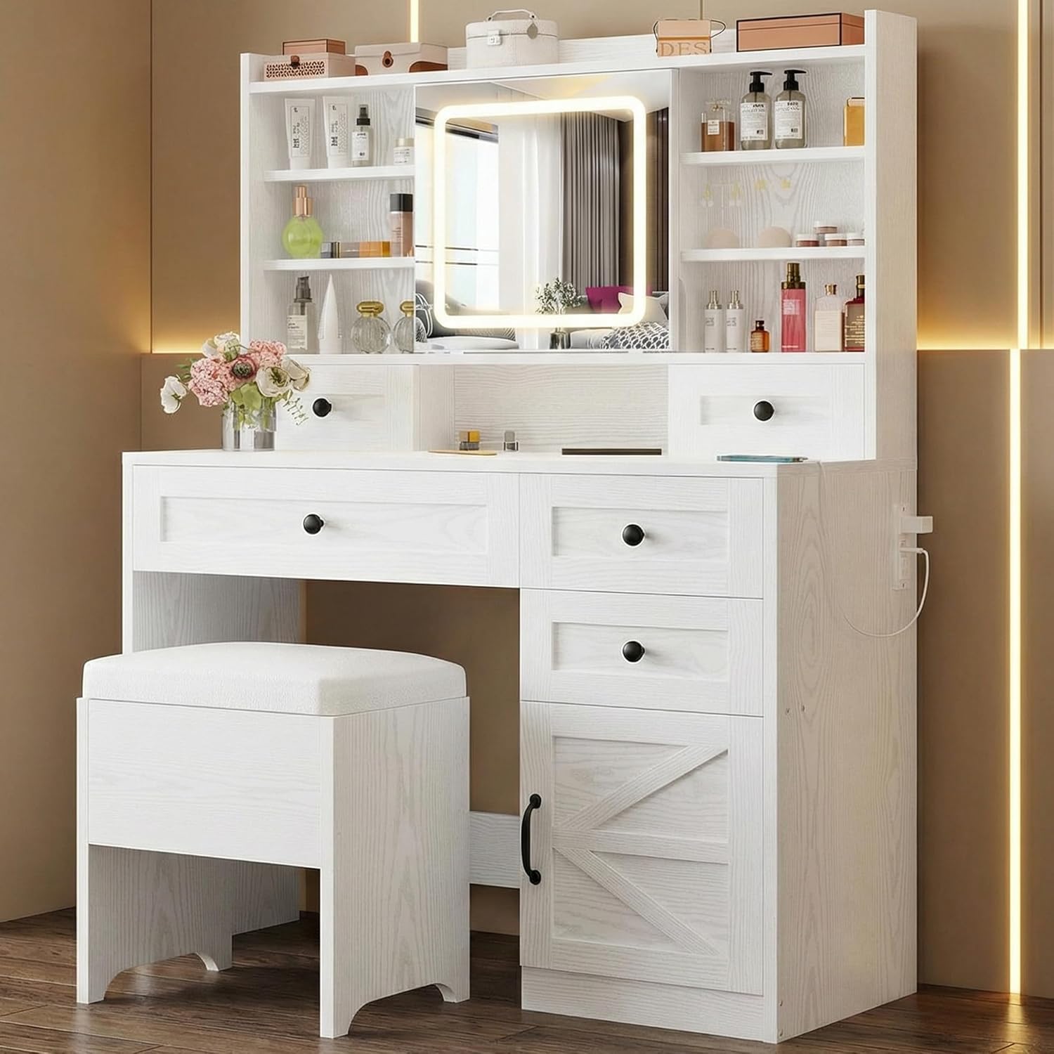 IRONCK Vanity Desk with LED Lighted Mirror, Large Storage Makeup Vanity Table with 5 Drawers, Cabinet, 7 Open Shelves, Power Outlet, Storage Stool, Bedroom, White