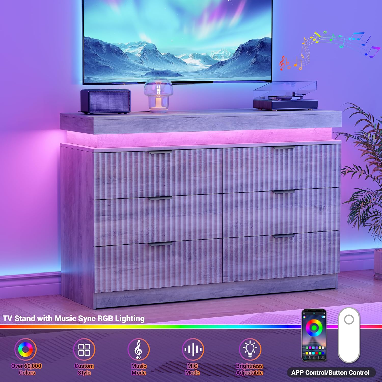 Dresser for Bedroom with RGB LED Lights and Charging Station, 6 Drawers Wooden Chest of Drawers, 47.2" Wide Fluted TV Stand, Closet Clothes Storage Organizer for Living Room, Hallway, Grey