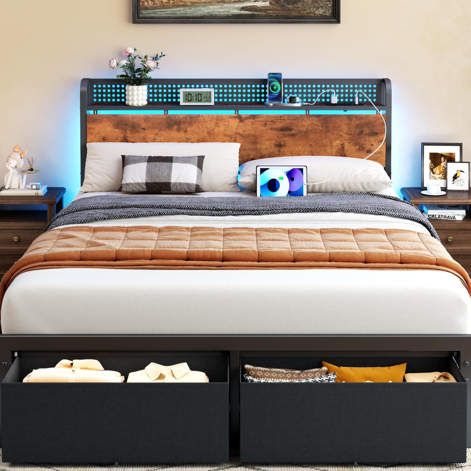 Furnulem Queen Size Bed Frame with Headboard Storage, Platform Bed Frame Queen Size with 2 Drawers, Charging Station and LED Lights, No Box Spring Needed, Noise Free, Easy Assembly (1200 lbs Capacity)