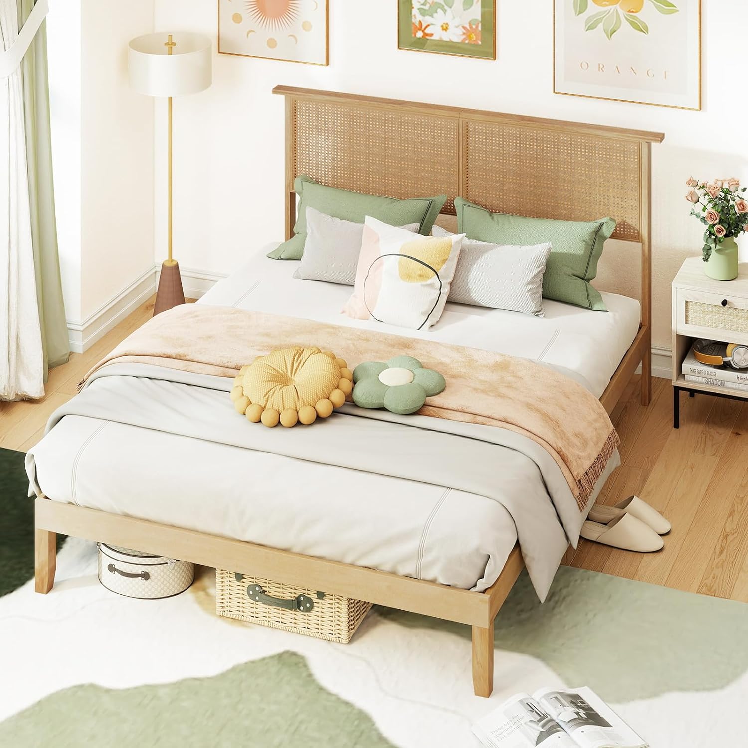 Giantex Rattan Queen Bed Frame, Boho Platform Bed with Natural Wicker Headboard, Solid Wood Foundation & Support Slats, Under-Bed Storage, Queen Size Bedframe for Adults, No Box Spring Needed