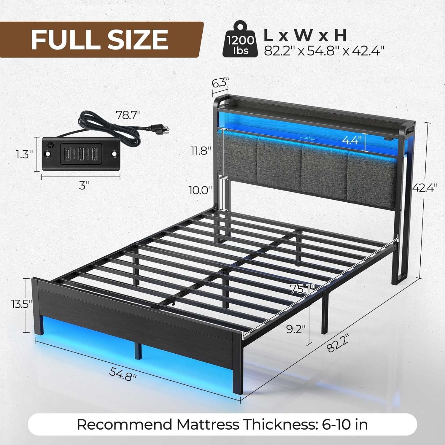 Rolanstar Bed Frame Full Size with Charging Station and LED Lights, Upholstered Headboard with Storage Shelves, Heavy Duty Metal Slats, No Box Spring Need, Noise Free, Easy Assembly, Grey