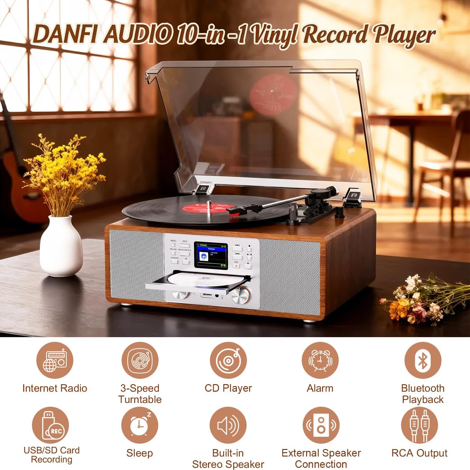 10-in-1 Retro Bluetooth Record Player with Built-in Stereo Speakers | All-in-One 3-Speed Turntable for Vinyl, CD, MP3, USB/SD, Internet Radio | MP3 Recording | Vintage Multimedia Center