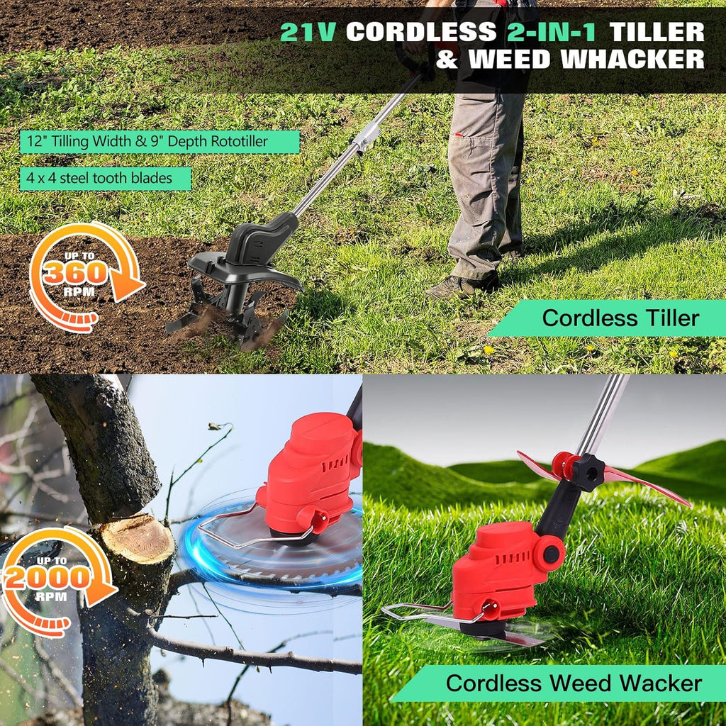 Cordless 2-in-1 Tiller & Weed Whacker Combo, 800W Brushless Motor, 12"x9" Rototiller, 8" Trimmer, 2x21v 6.0Ah Battery, Electric Weed Eater & Garden Tiller, Perfect for Lawn Care & Gardening Tools