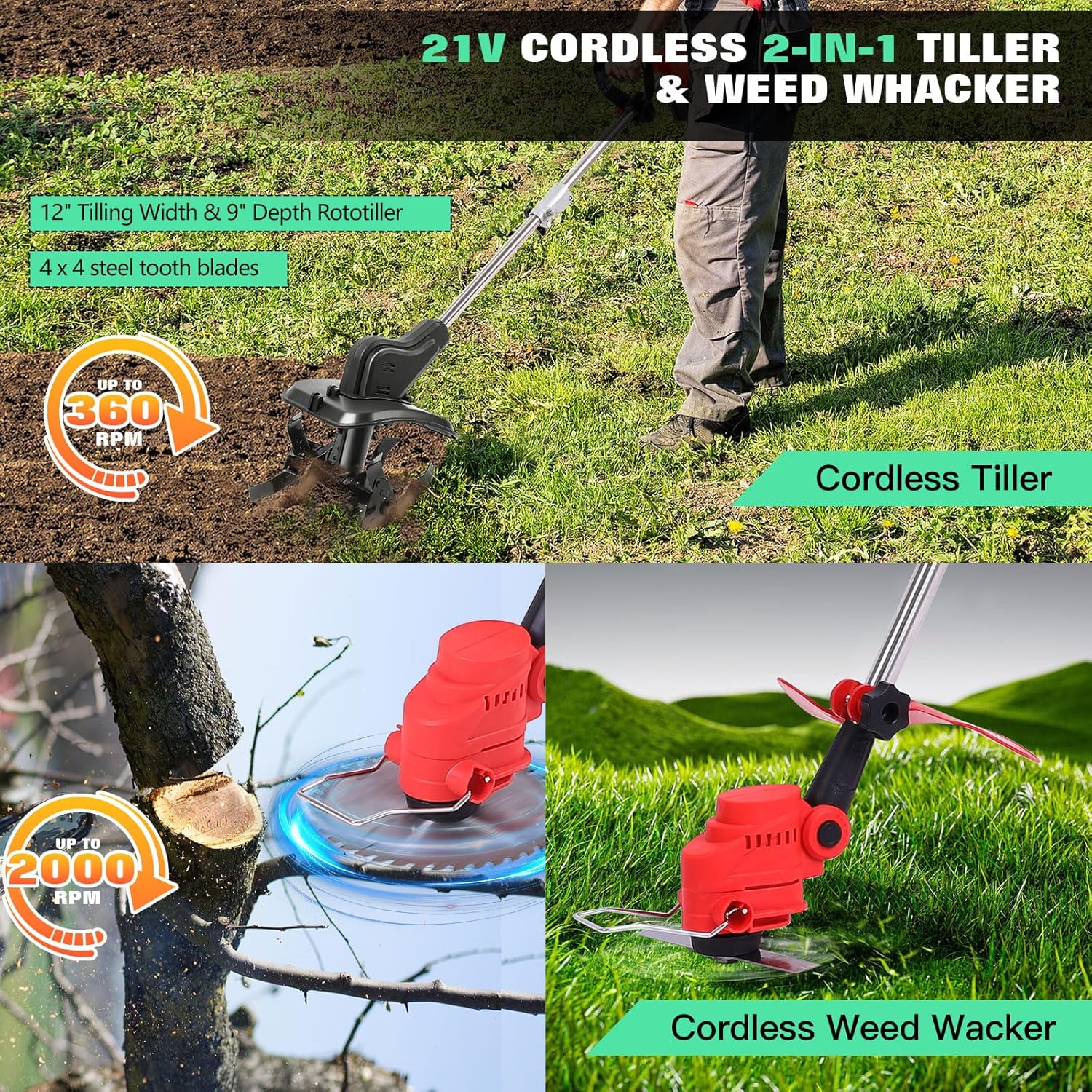 Cordless 2-in-1 Tiller & Weed Whacker Combo, 800W Brushless Motor, 12"x9" Rototiller, 8" Trimmer, 2x21v 6.0Ah Battery, Electric Weed Eater & Garden Tiller, Perfect for Lawn Care & Gardening Tools