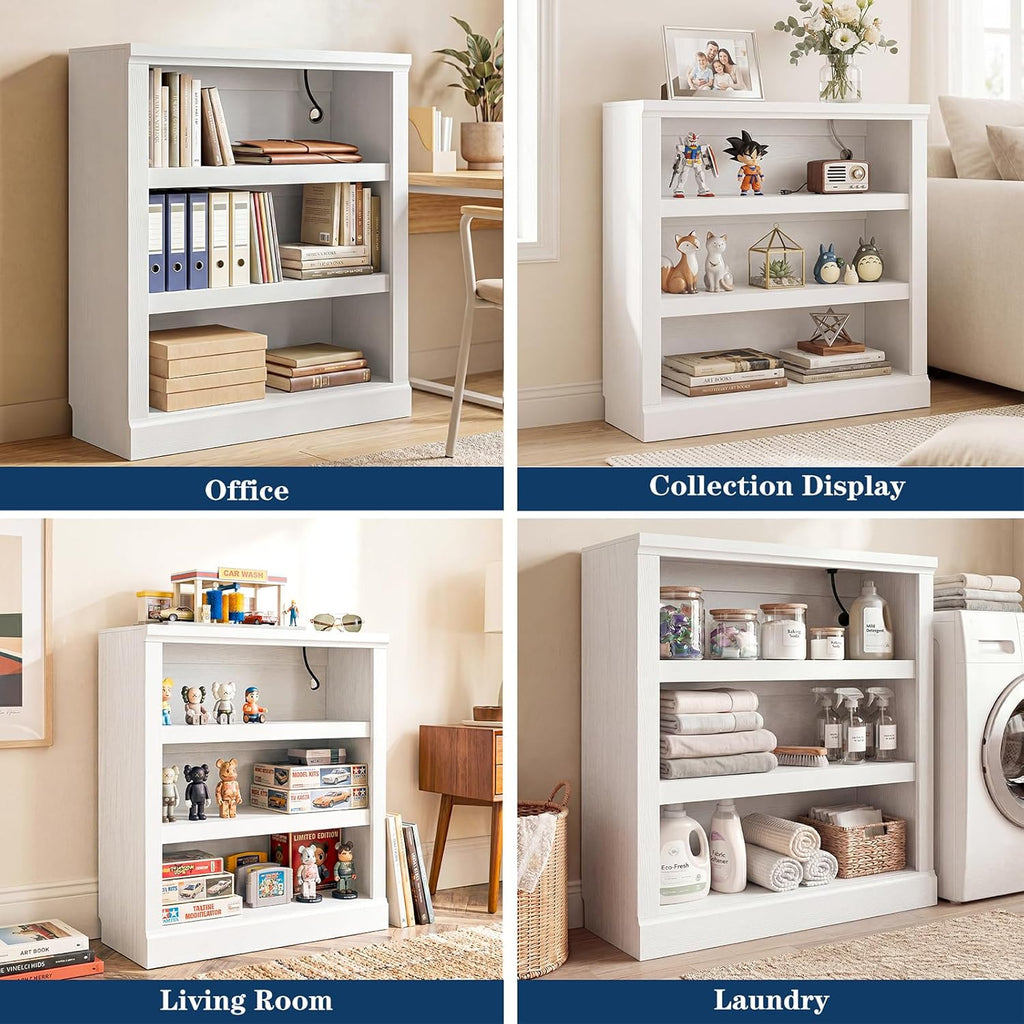 Unikito 3-Tier Storage Bookcase with Adjustable Shelves, Modern Wood Storage Organizer Rack, Free Standing Decorative Display Shelf for Home Office, Living Room and Bedroom-White