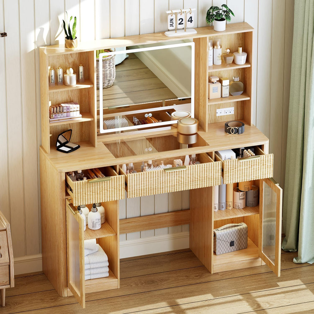 51" Large Vanity,Modern Fluted Makeup Vanity Desk with Mirror and Lights, Glass Top Vanity with 3 Drawers and 2 Cabinets&Charging Station,Dressing Table for Women and Girls' bedrooms. Oak