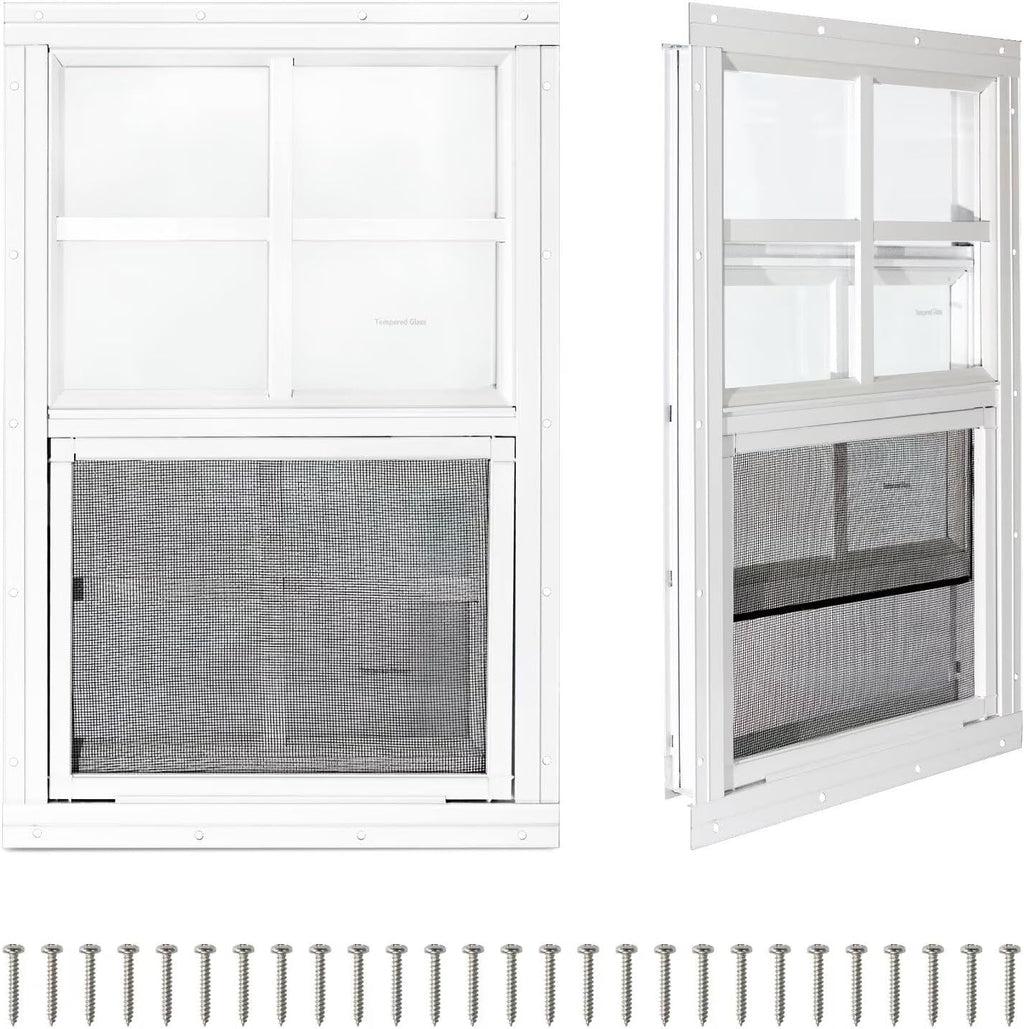 2 Pack Shed Windows,24" x 36" Small Sliding Windows,Flush Mount Windows with Tempered Glass and Fiberglass Screen for Shed, Chicken Coop, Playhouse, Household, Garage, Barns (White)