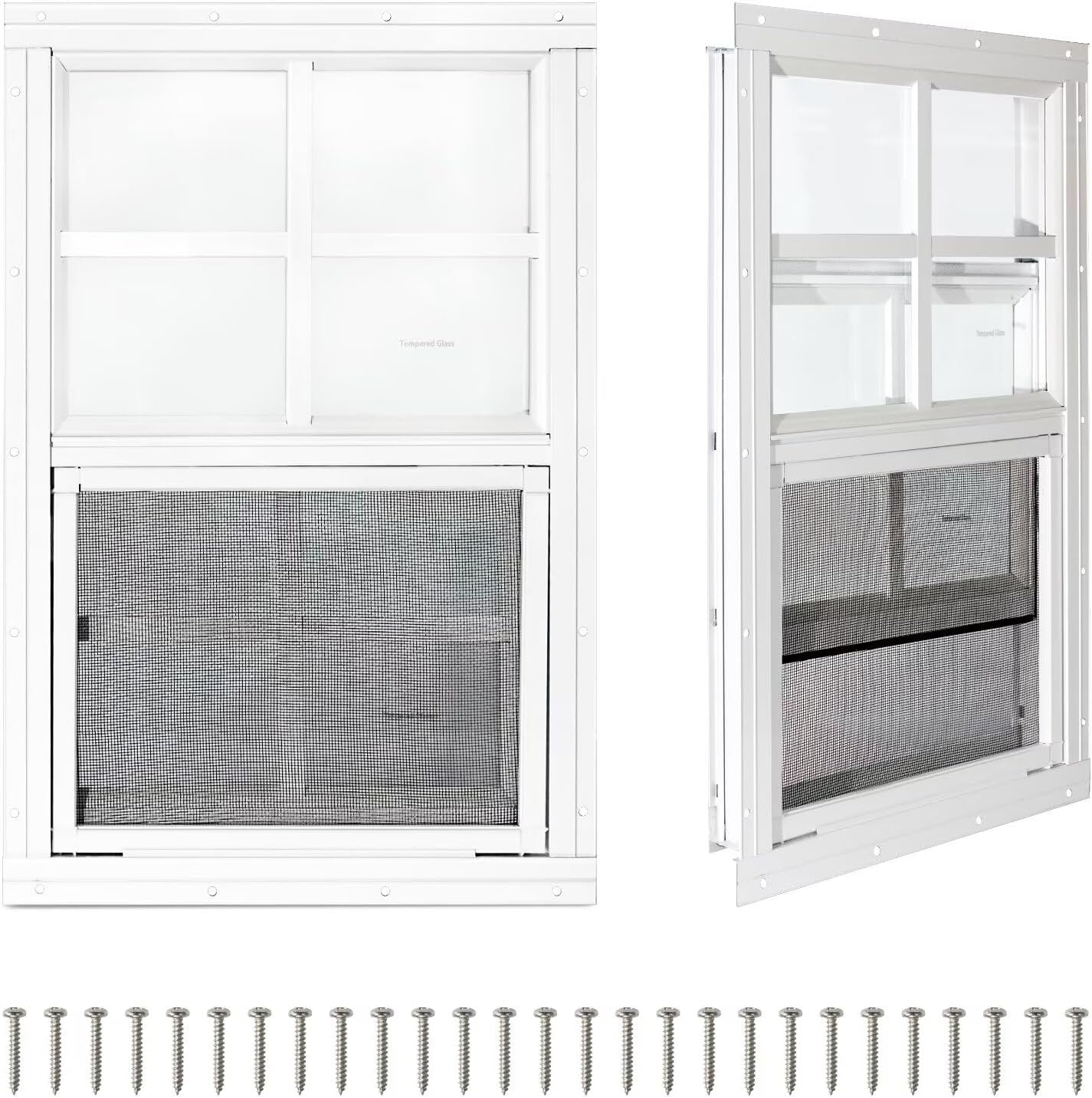 2 Pack Shed Windows,24" x 36" Small Sliding Windows,Flush Mount Windows with Tempered Glass and Fiberglass Screen for Shed, Chicken Coop, Playhouse, Household, Garage, Barns (White)