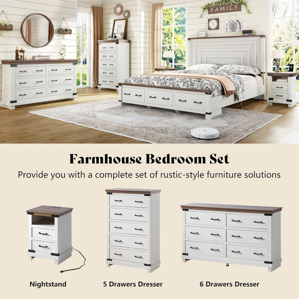 AMERLIFE Farmhouse 2-Pieces Wood Bedroom Set, Including Rustic King Size Bed Frame with 51" Tall Headboard, 6 Drawers Large Dresser Chests, Heavy-Duty Thick Plank Styling, Antique White