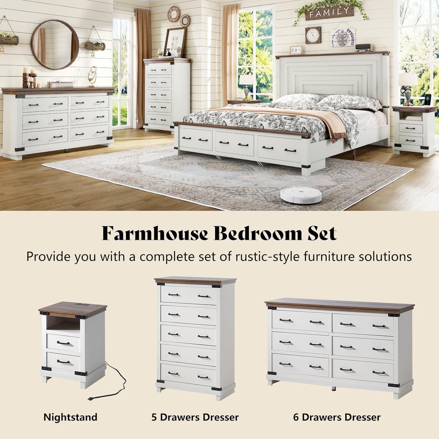 AMERLIFE Farmhouse 2-Pieces Wood Bedroom Set, Including Rustic King Size Bed Frame with 51" Tall Headboard, 6 Drawers Large Dresser Chests, Heavy-Duty Thick Plank Styling, Antique White