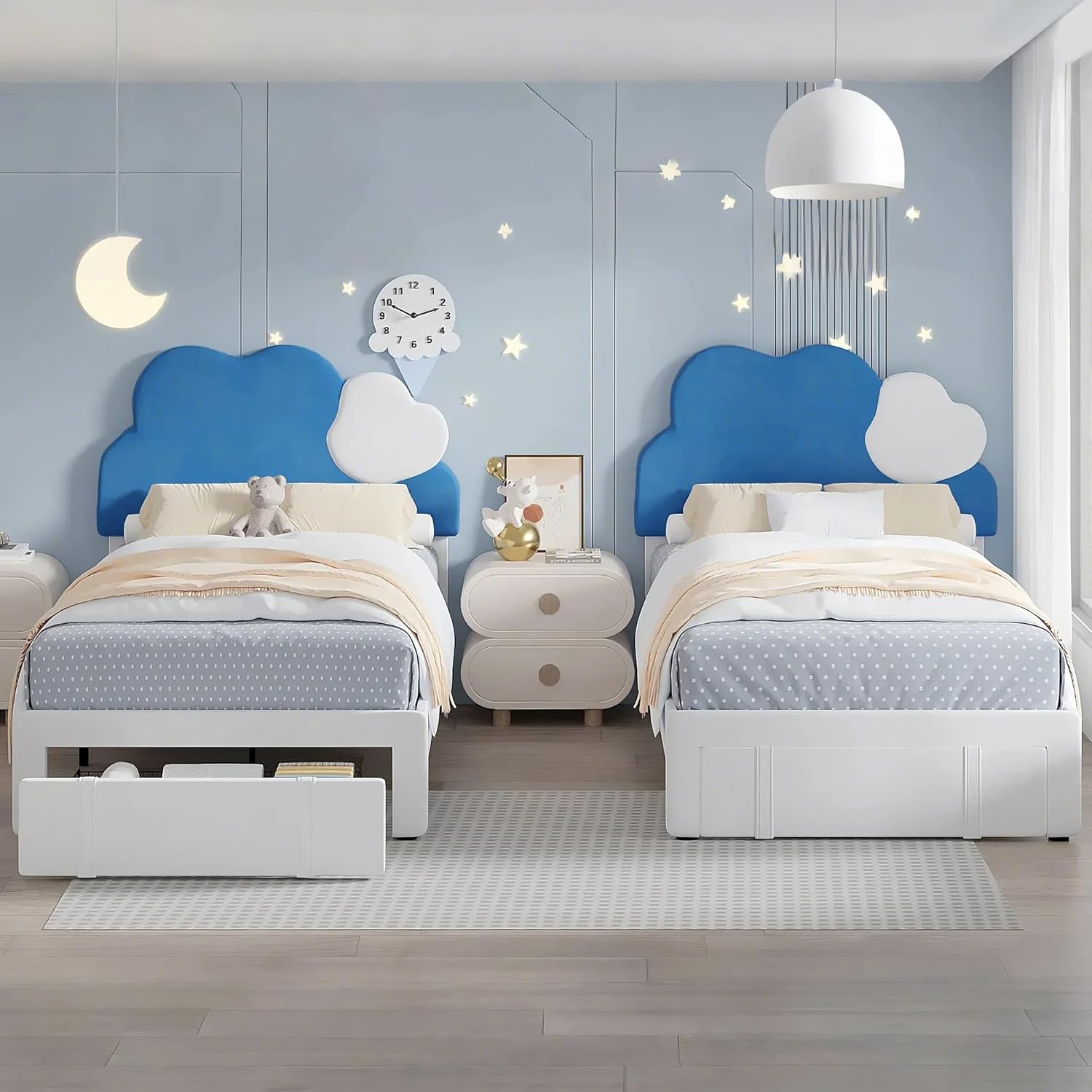VECELO 2 Set Twin Size Bed Frame, Upholstered Platform Bedframe with Height Adjustable Cloud-Shaped Headboard, Strong Wood Slat Supports, No Box Spring Needed, Blue