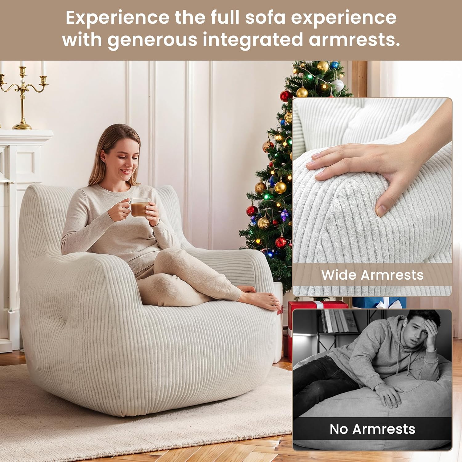Cvortll Bean Bag Chair, Bean Bag Chair for Adults, Fluffy and Comfy Bean Bag with Filler, Bean Bag Sofa Chair for Reading, Gaming, Stuffed High-Density Foam(Beige-Corduroy)