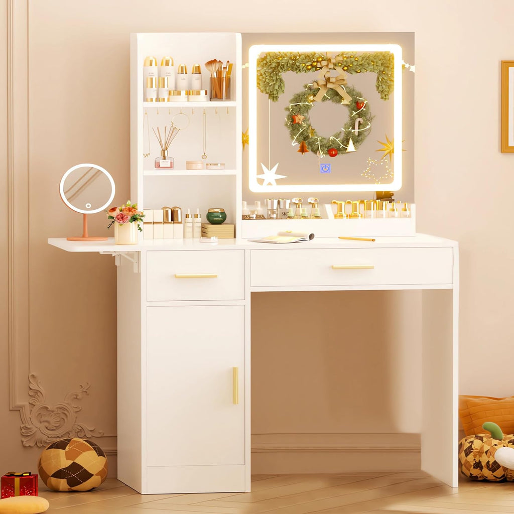 ERLEJIA Vanity Desk with Mirror and Lights, 39.37" Makeup Desk with Power Outlet, 4 Drawers and Open Shelves Makeup Vanity with Extral Foldable Desk for Bedroom, White