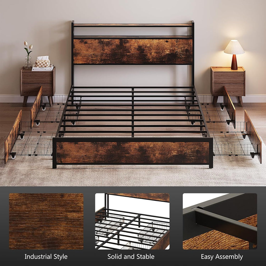 VINGLI Queen Bed Frame with 4 Storage Drawers and Headboard, Metal Platform Panel Bed with Charging Station and RGB LED Lights, No Box Spring Needed, Noise Free, Easy Assembly, Vintage Brown