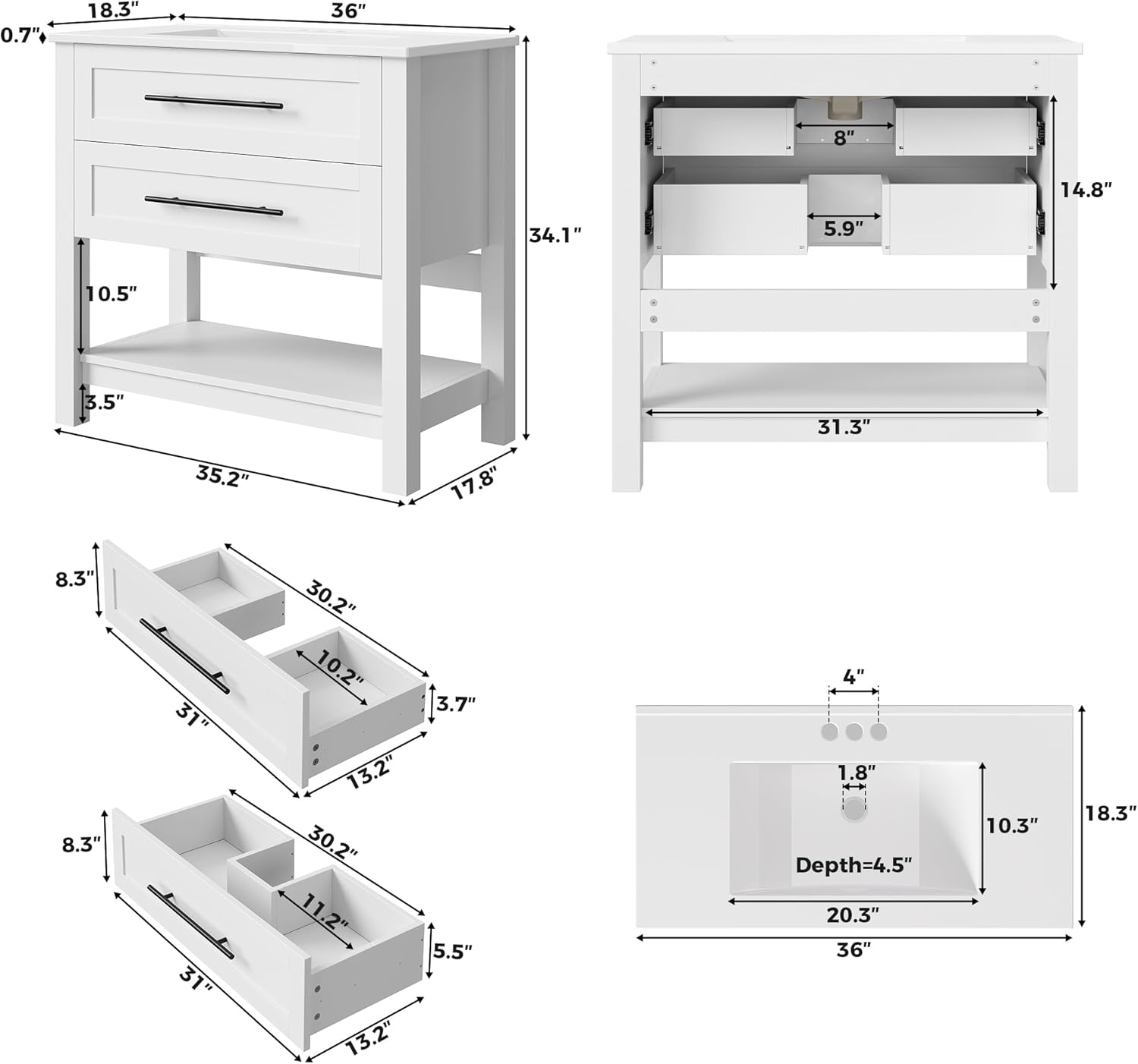 LIKIMIO 36" Bathroom Vanity with Sink, Freestanding Bathroom Vanity with 2 U-Shaped Drawers & Open Shelf, Integrated Ceramic Sink, Modern Bathroom Storage Cabinet, Easy Assembly, White