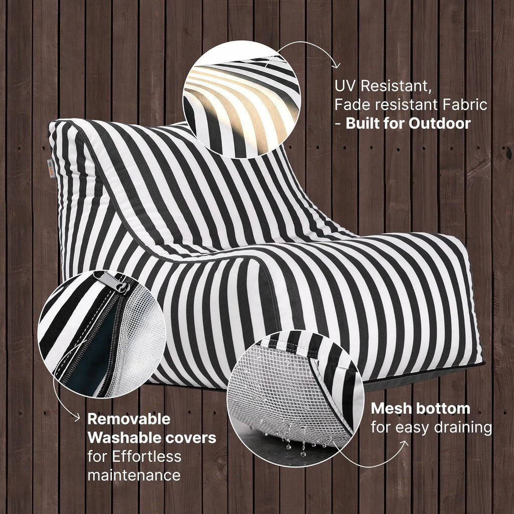 Jaxx Ponce Outdoor Bean Bag Chair - Weather Resistant Patio and Poolside Lounge Seating, Black & White Stripes
