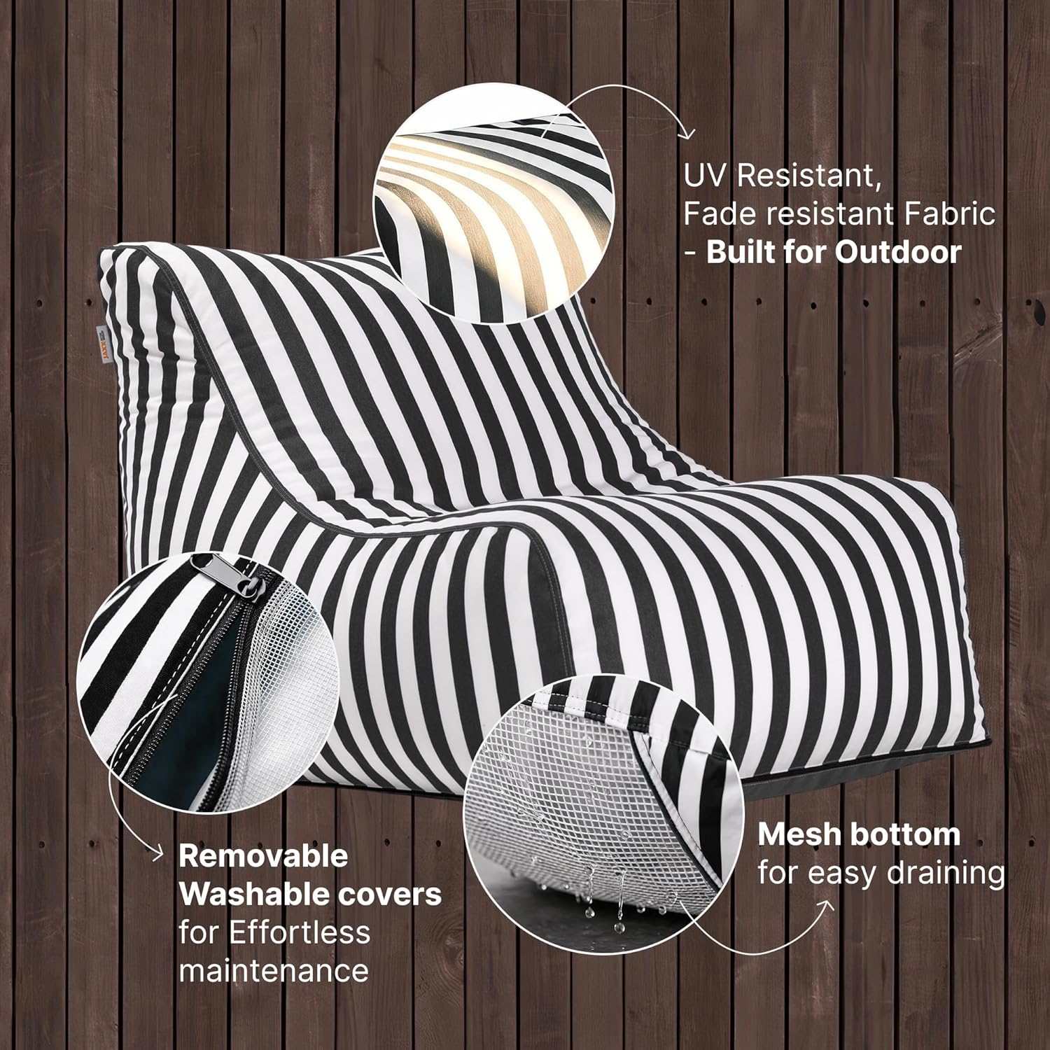 Jaxx Ponce Outdoor Bean Bag Chair - Weather Resistant Patio and Poolside Lounge Seating, Black & White Stripes