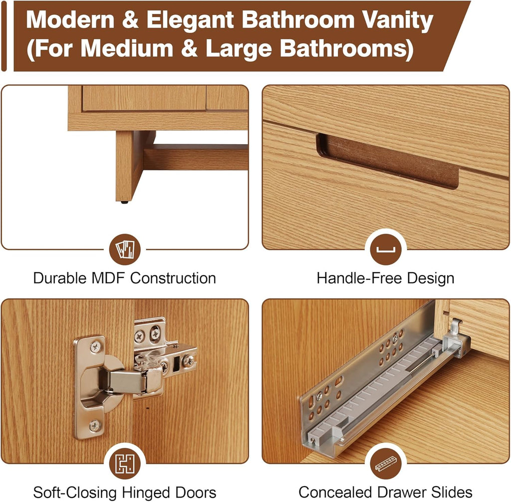 59.3-Inch Bathroom Vanity with SMC Resin Top, 4 Doors & 3 Drawers, Handle-Free, Soft-Close Hinges, Wood, MDF
