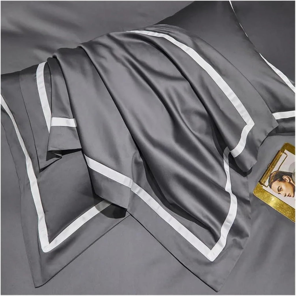Gray Smooth Soft Rich Color 1000TC Long Staple Cotton Simple Chic Wide Edge 4Pcs Bedding Set Duvet Cover Bed Sheet Pillowcases,Bedding