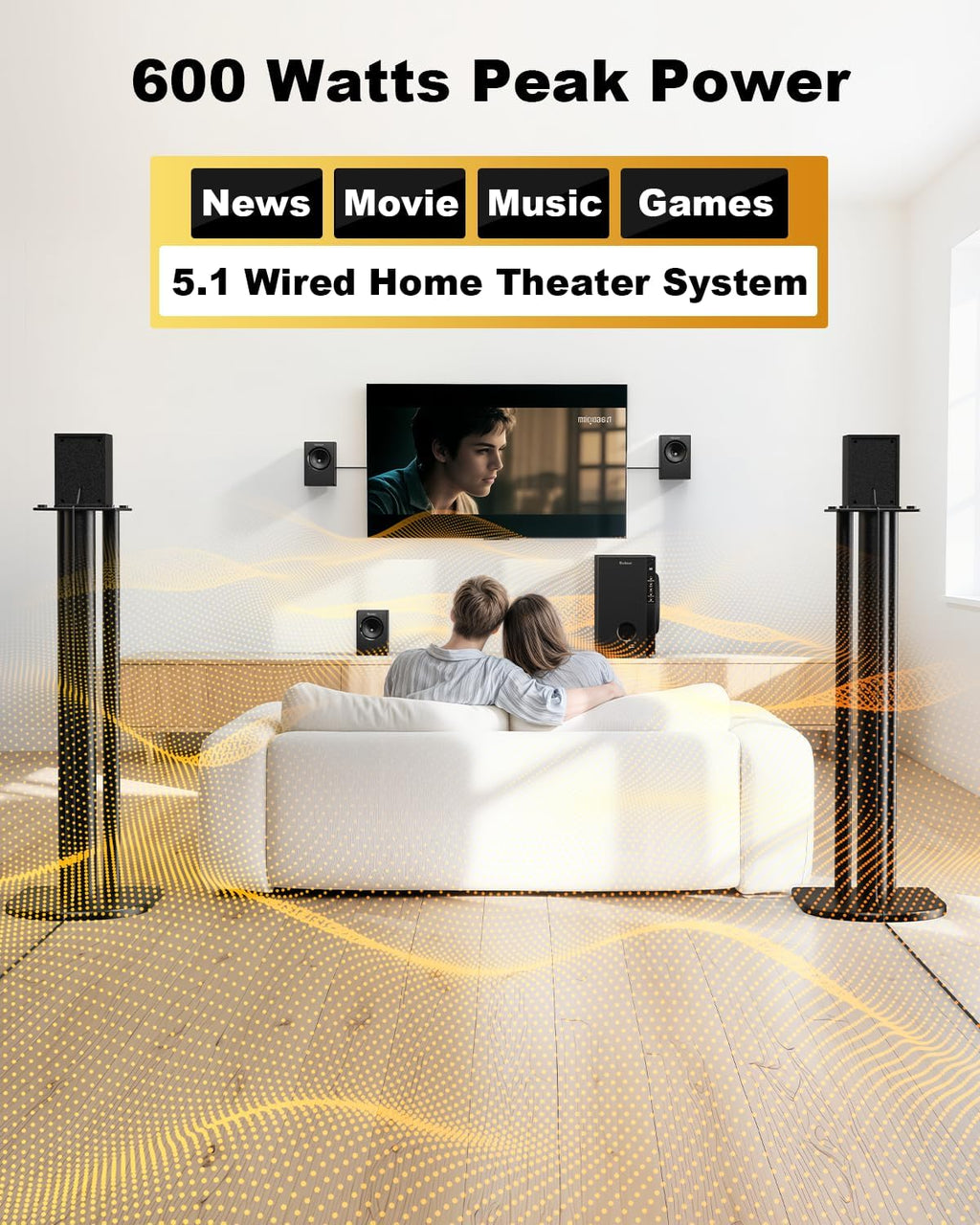 Bobtot Home Theater Systems Surround Sound System, 5.1 Wired Stereo Sound Speakers, 5.25 inch Subwoofer 600 Watts Peak Power Deep Bass Audio Stereo with FM Radio Bluetooth AUX DVD USB SD Input
