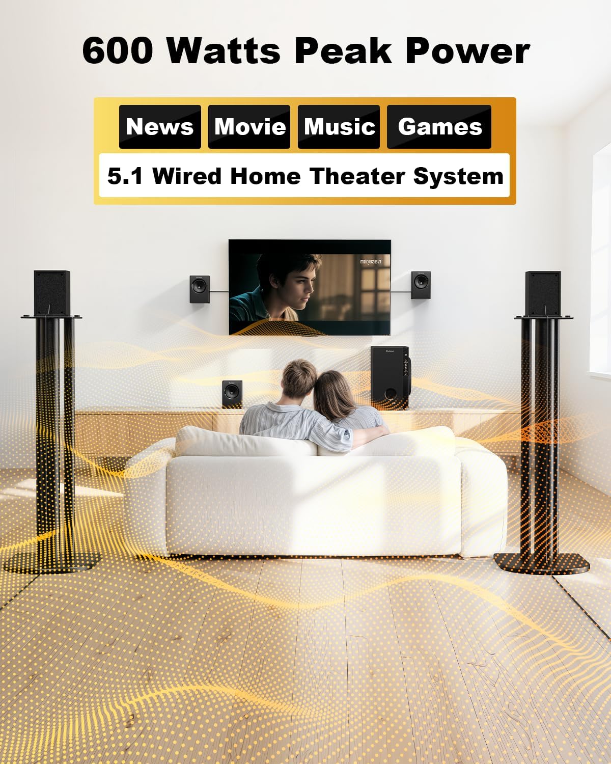 Bobtot Home Theater Systems Surround Sound System, 5.1 Wired Stereo Sound Speakers, 5.25 inch Subwoofer 600 Watts Peak Power Deep Bass Audio Stereo with FM Radio Bluetooth AUX DVD USB SD Input