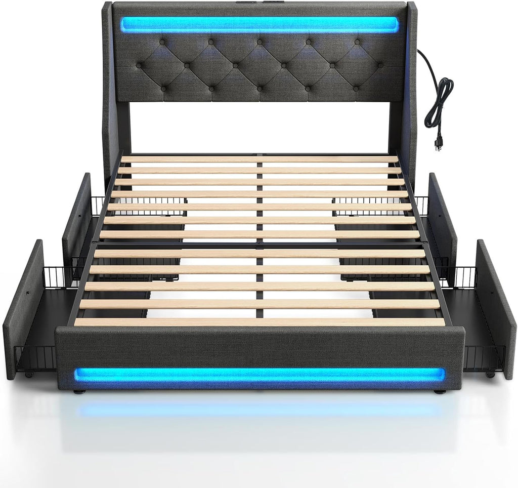 Rolanstar Full Bed Frame with LED Lights and Charging Station, Upholstered Bed with Drawers, Wooden Slats, Noise Free, Easy Assembly, Dark Gray