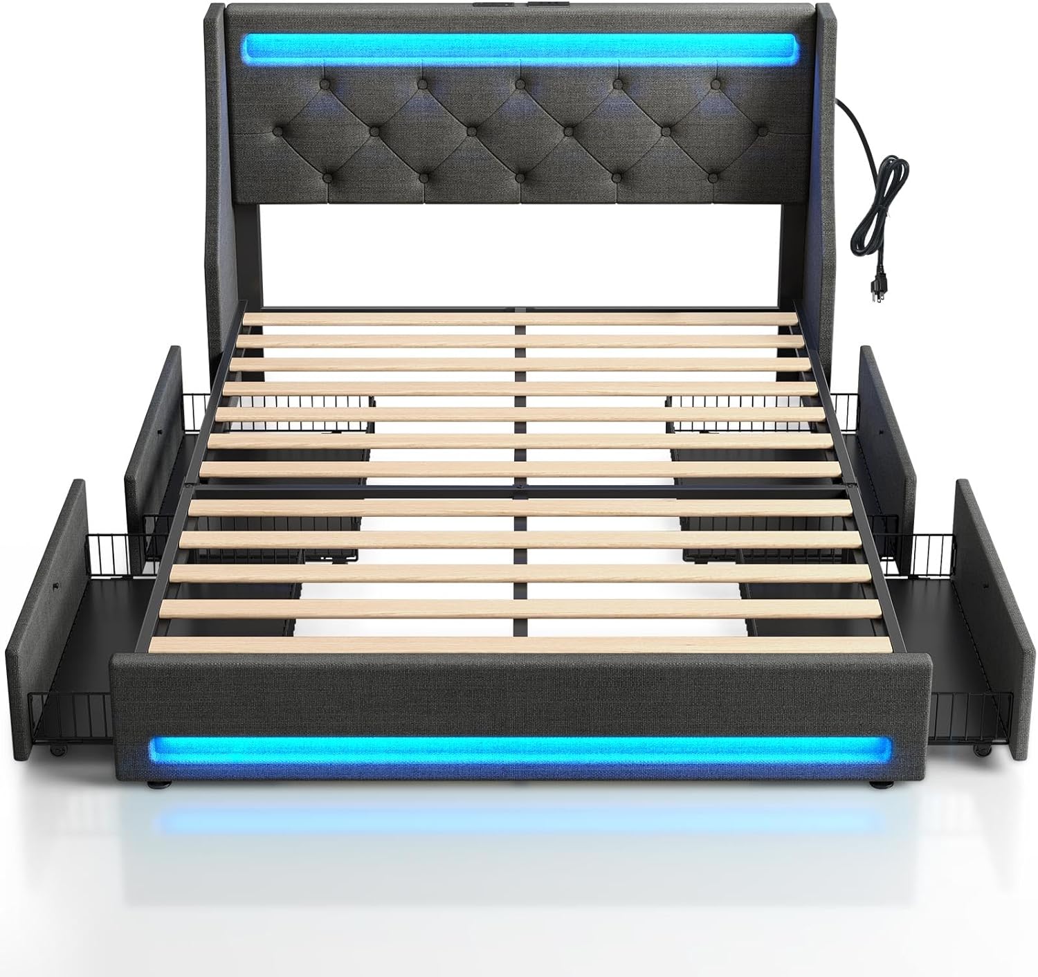 Rolanstar Full Bed Frame with LED Lights and Charging Station, Upholstered Bed with Drawers, Wooden Slats, Noise Free, Easy Assembly, Dark Gray