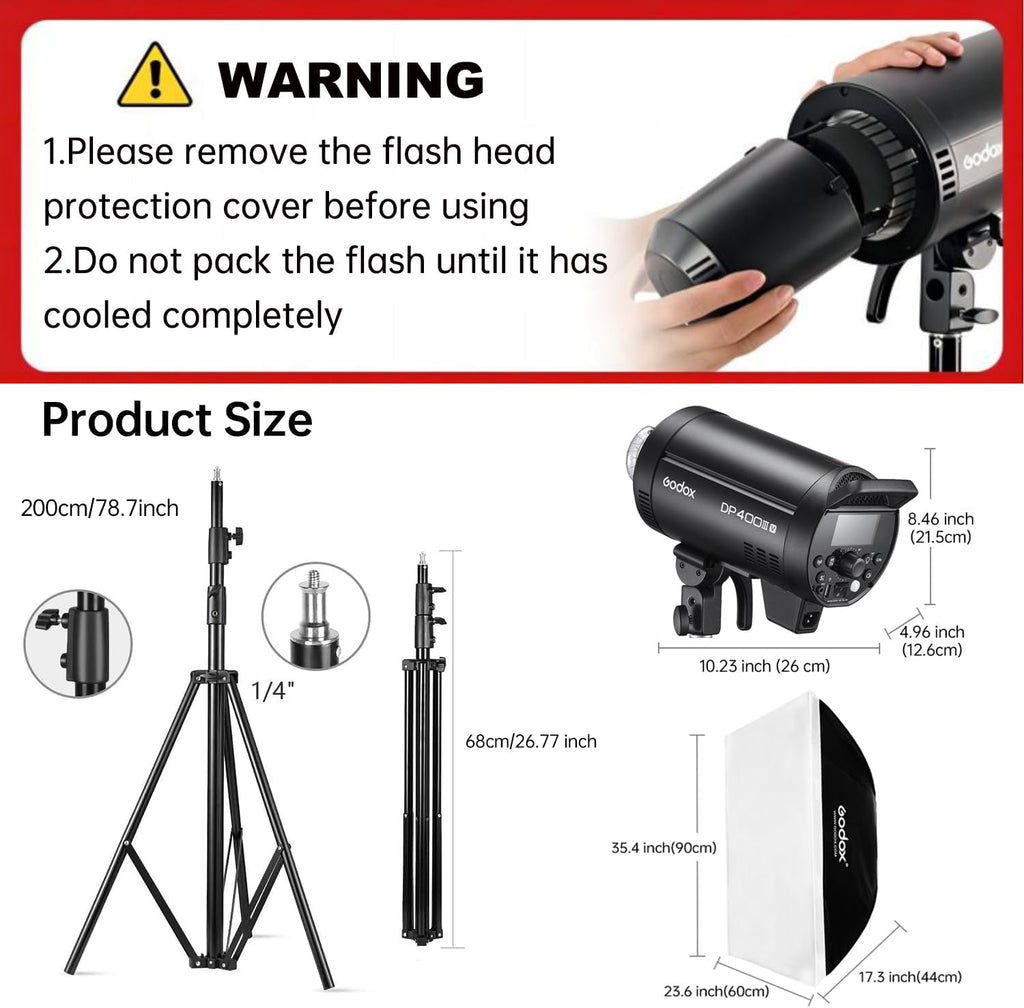 2pcs Godox DP400IIIV Studio Flash Kit for Photography,400Ws Strobe Professional Lighting with Tripod Stands,Bowens Mount Softbox,Umbrella Reflector,Carry Bag for Portrait Product Wedding Shooting