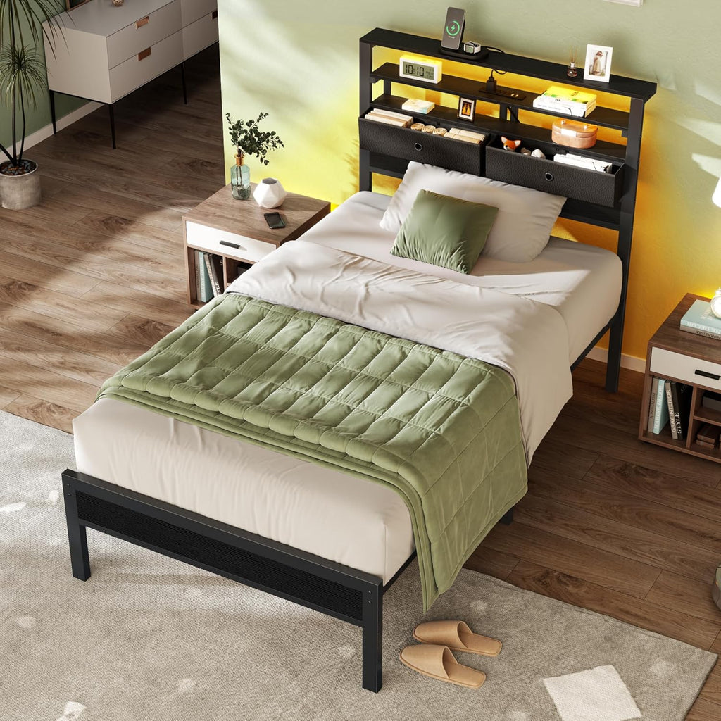 Furnulem Twin Bed Frames with Charging Station and LED Lights, Wood Headboard with 2 Fabric Drawers and Storage Shelves, Twin Size Platform Bed with Metal Slats, No Box Spring Needed, Black Oak
