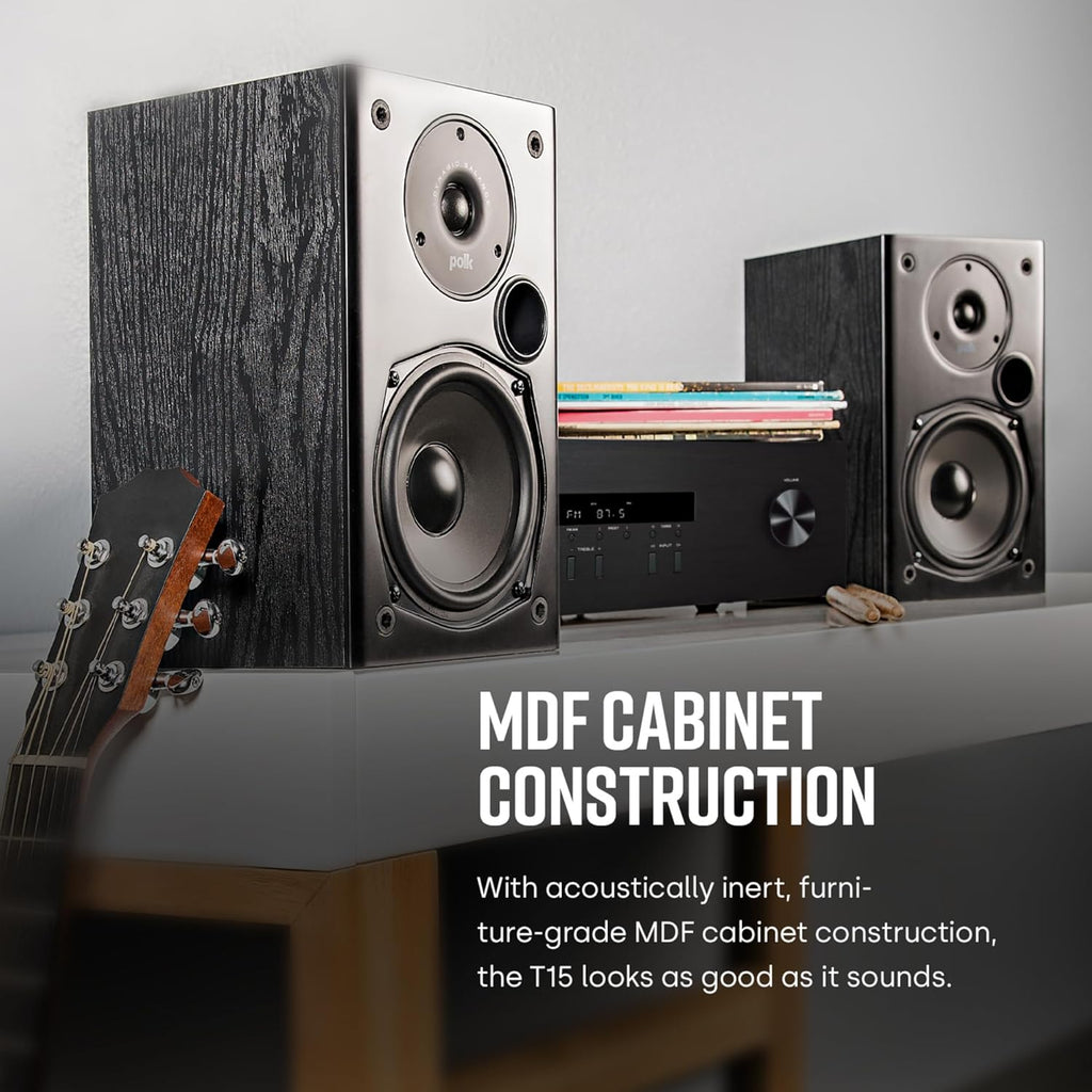 Polk Audio T15 Home Theater and Stereo Bookshelf Speakers – Deep Bass Response, Dolby and DTS Surround, Wall-Mountable, Pair, Black