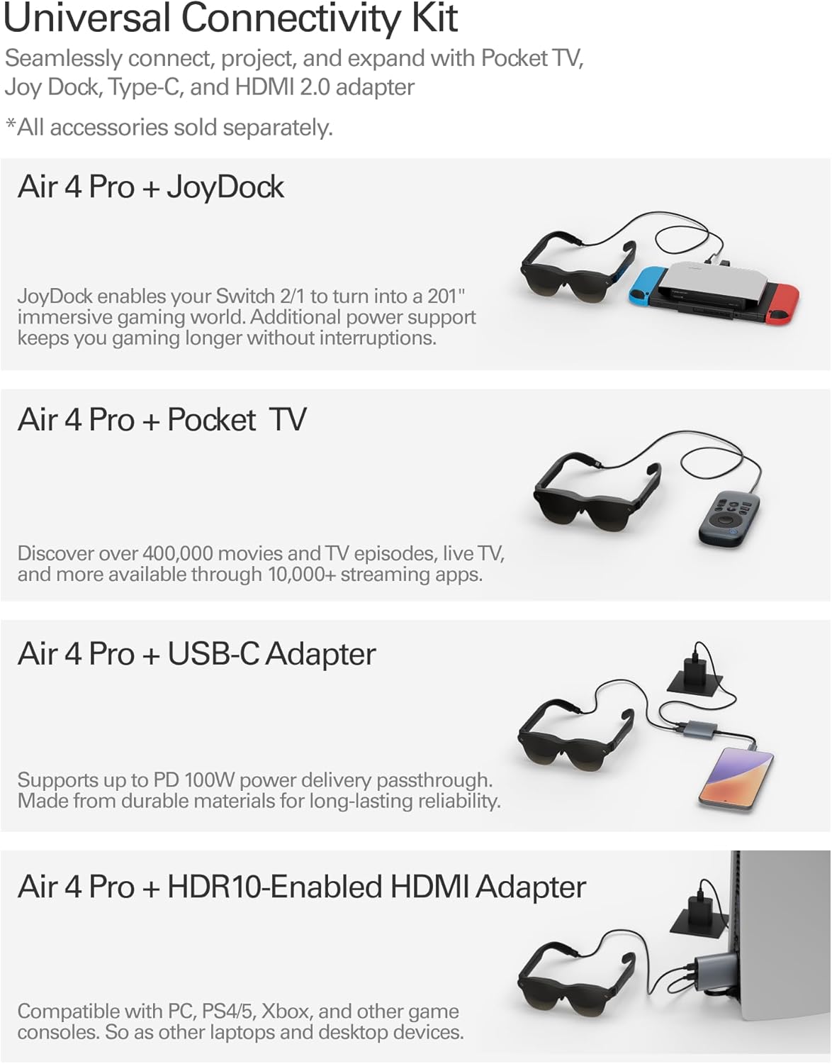 RayNeo Air 4 Pro AR/XR Glasses, HDR10 201" Virtual Display, 120Hz 3D Movie & Gaming Video Display, USB-C Plug & Play for iPhone 17/16/15, Android, Switch 2, PS5, Steam Deck