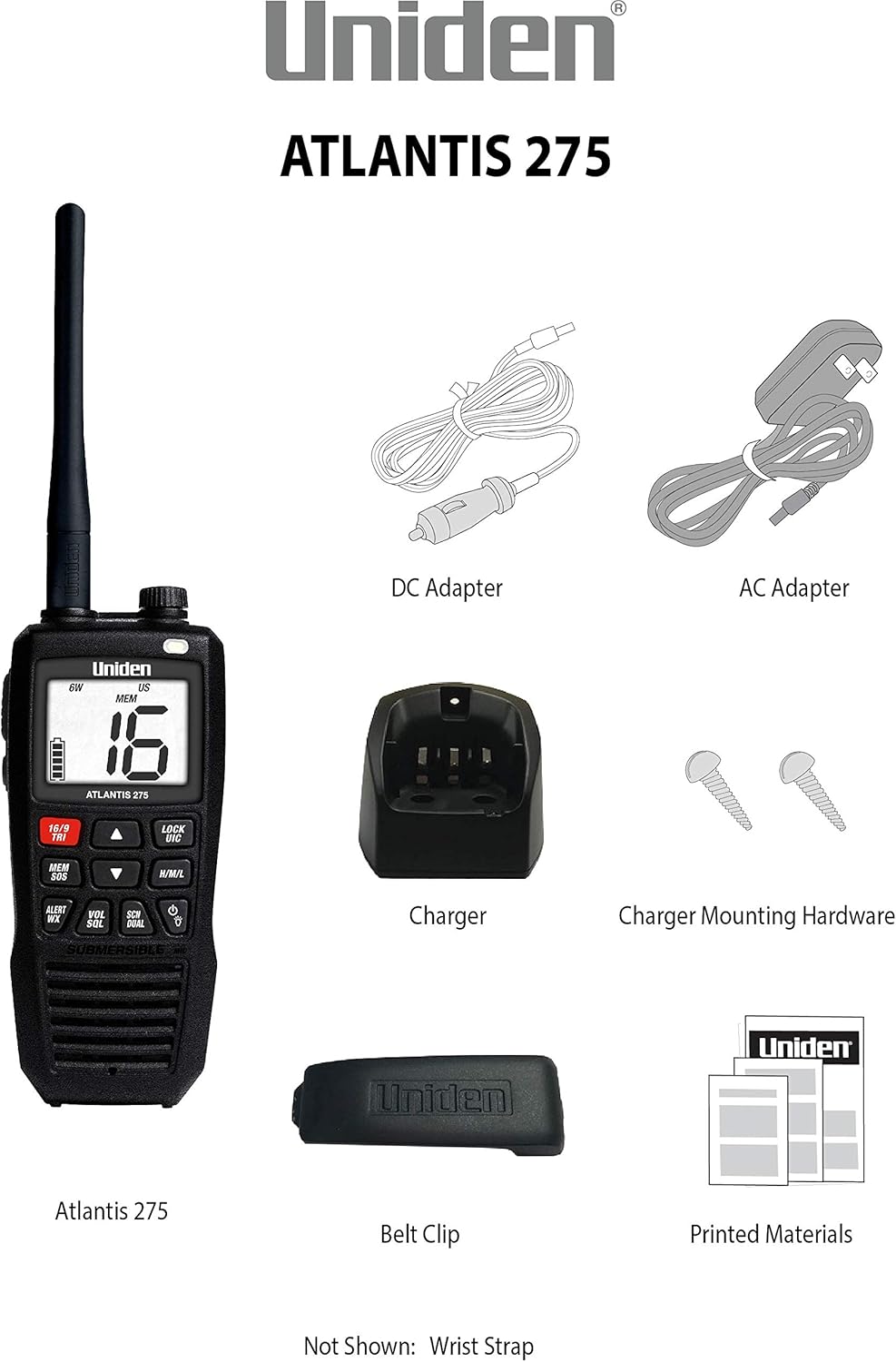 Uniden Atlantis 275 Handheld Two-Way VHF Marine Radio, Floating IPX8 Submersible Waterproof, Large Dual-Color Screen, 6-Watt, All USA/International/Canadian Marine Channels, NOAA Weather Alerts