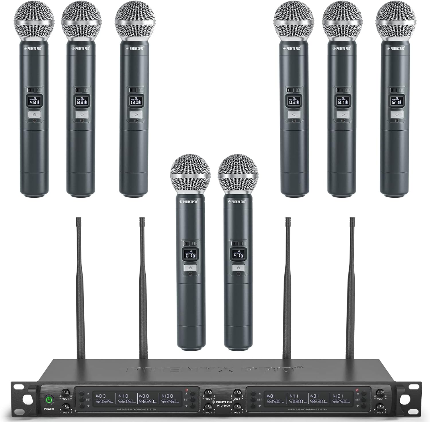 Phenyx Pro Wireless Microphone System, 8-Channel Wireless Mic, w/ 8 Handheld Dynamic Microphones, Auto Scan,8x40 UHF Frequencies, 328ft Range, Mics for Singing,Church, Karaoke(PTU-6000-8H)