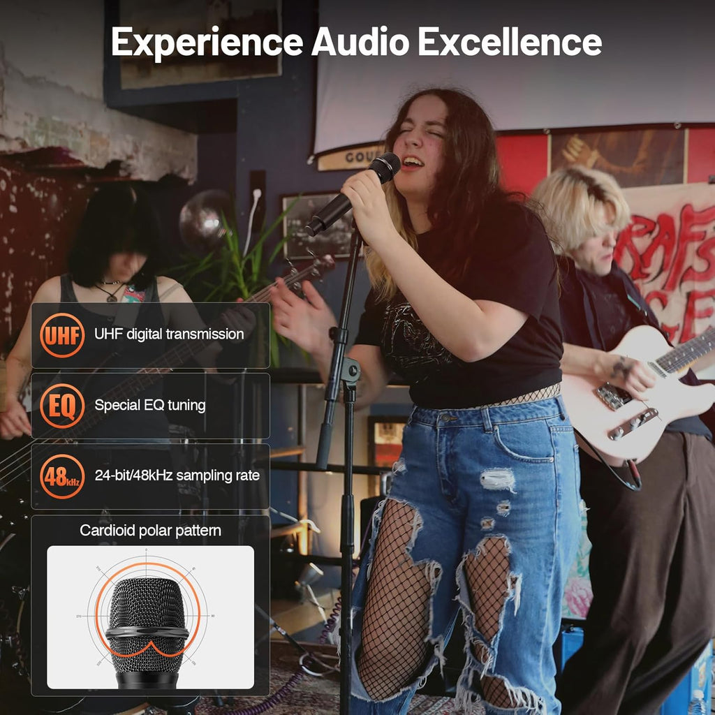 MELONARE 4-Channel Wireless Microphone System, UHF Compact Cordless Mic Set w/ 4x10 Frequencies, 200ft Range, Dynamic Handheld Microphone for Singing, Karaoke, Church, DJ, Wedding (MWM-41-4H)
