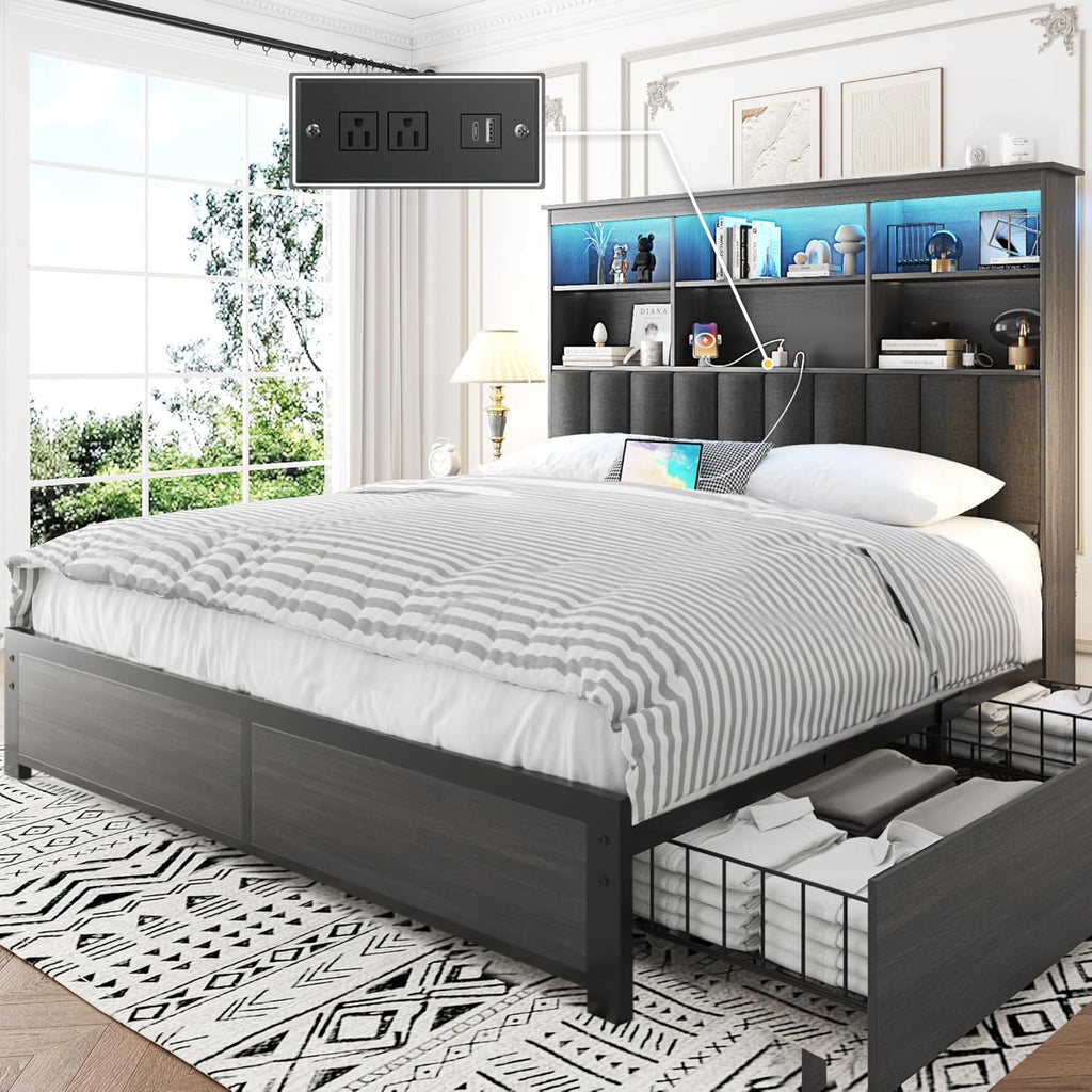 Lifezone Queen Bed Frame with Headboard, Queen Bed Frame with High Storage Bookcase Headboard, 4 Storage Drawers & Charging Station, No Box Spring Needed/Noise Free/All-Metal Support, Rustic Grey
