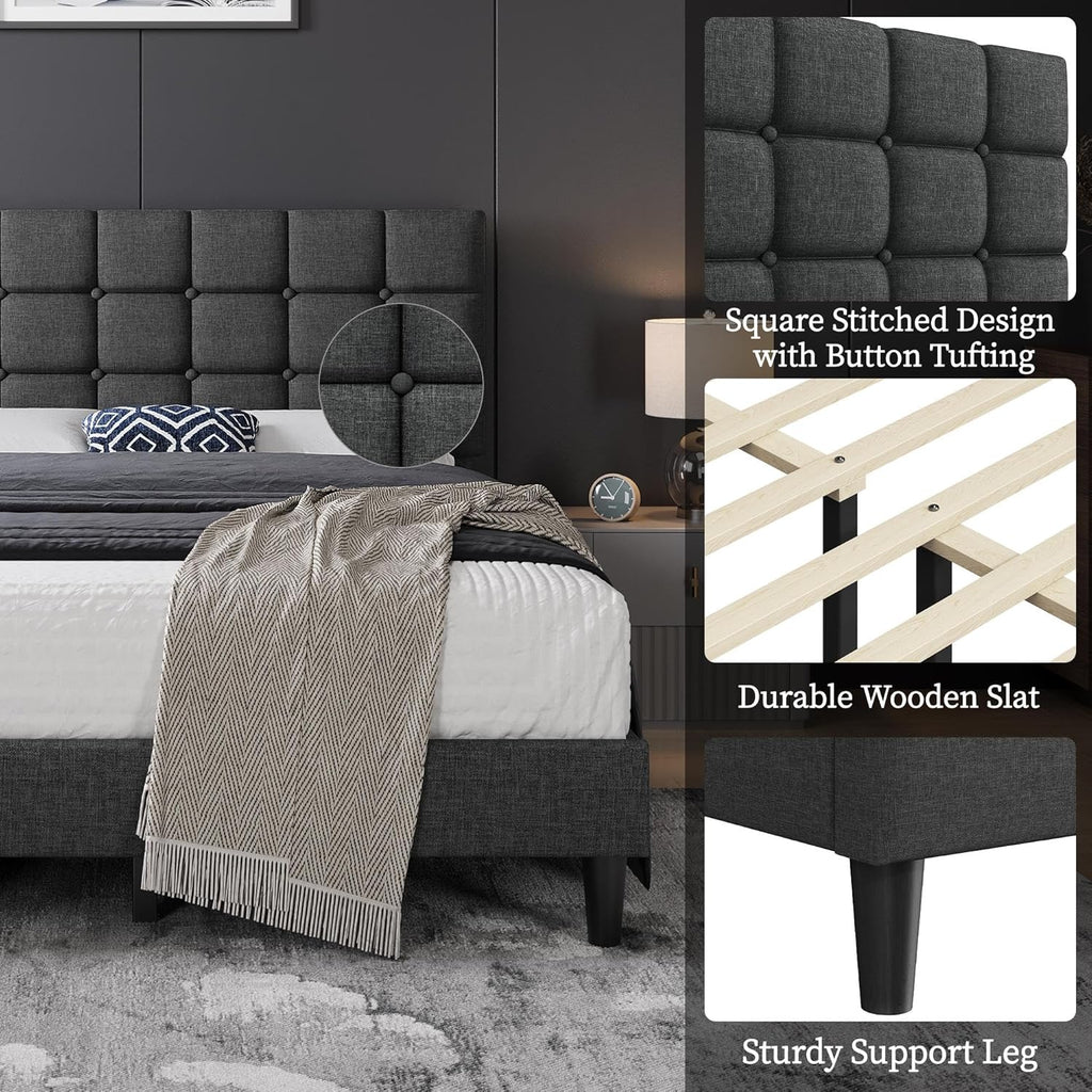 Yaheetech Upholstered Bed Frame, Modern Queen Bed Platform with Square Stitched&Button Tufting Headboard Height Adjustable, Wooden Slats Support, No Box Spring Needed, Queen Size, Dark Grey