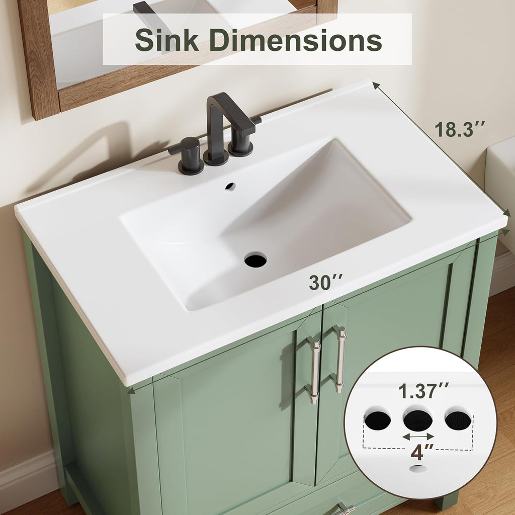 IDEALHOUSE 30" Bathroom Vanity with Sink, Freestanding Wooden Bathroom Vanity Cabinet with Soft-Closing Door and Metal Handle, Modern Floor Standing Storage for Small Spaces,Light Green