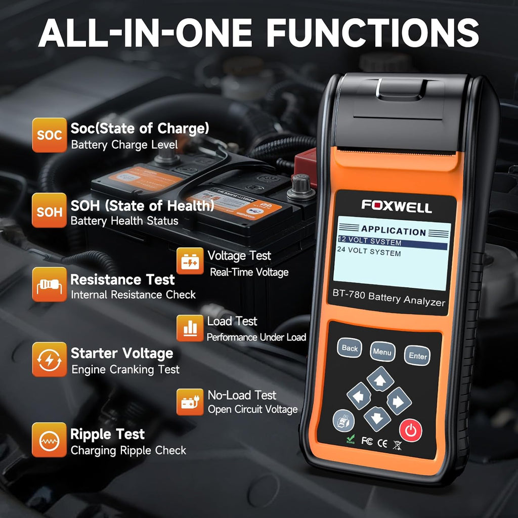 24V 12V Car Battery Tester with Printer - 2026 FOXWELL BT780, Professional Battery Load Analyzer, 100-2000CCA Automotive Starter & Alternator Tester for Cars Trucks SUVs Marine & Heavy Duty Vehicles