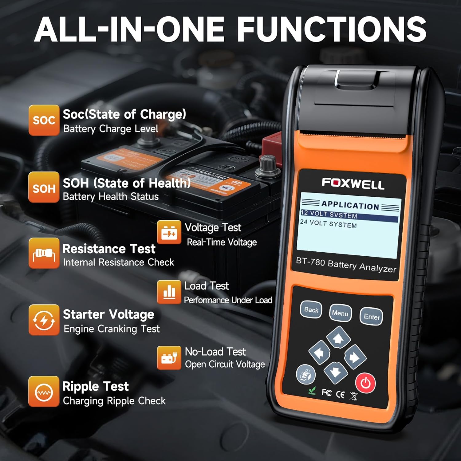 24V 12V Car Battery Tester with Printer - 2026 FOXWELL BT780, Professional Battery Load Analyzer, 100-2000CCA Automotive Starter & Alternator Tester for Cars Trucks SUVs Marine & Heavy Duty Vehicles