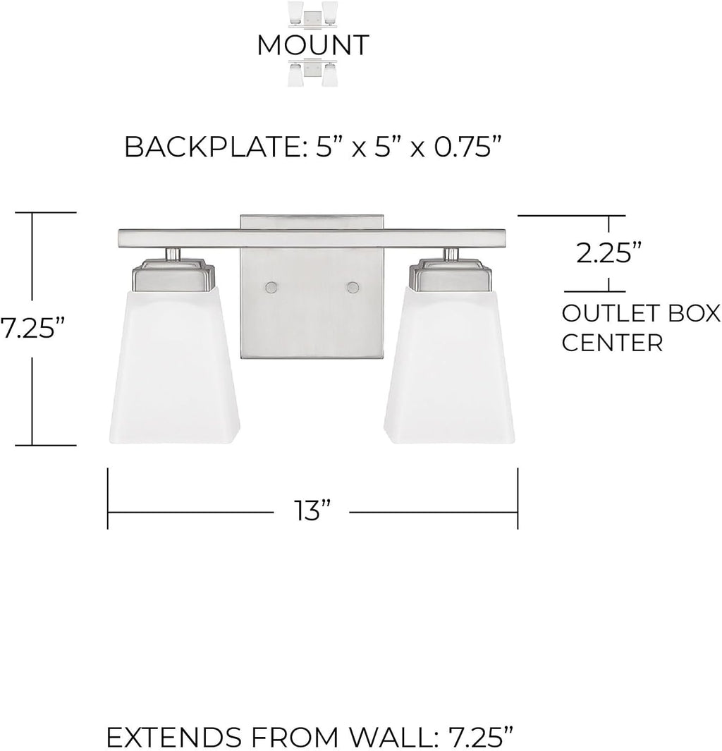 HomePlace by Capital Lighting 114421BN-334 Baxley Modern Soft White Glass Bathroom Vanity Wall Light, 2-Light 200 Total Watts, 7" H x 13" W, Brushed Nickel