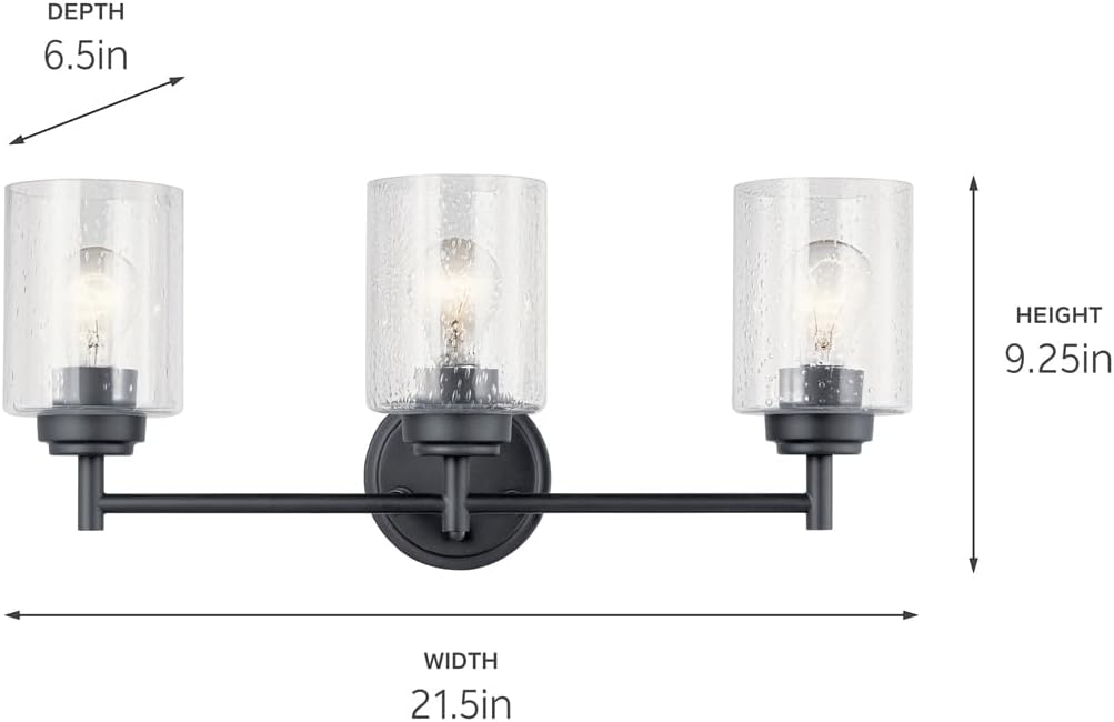Kichler Winslow 21.5" 3-Light Bathroom Vanity Light Fixture with Clear Seeded Glass in Black, Modern Wall Mount Lighting for Mirror over Vanity in Bathroom, 45886BK